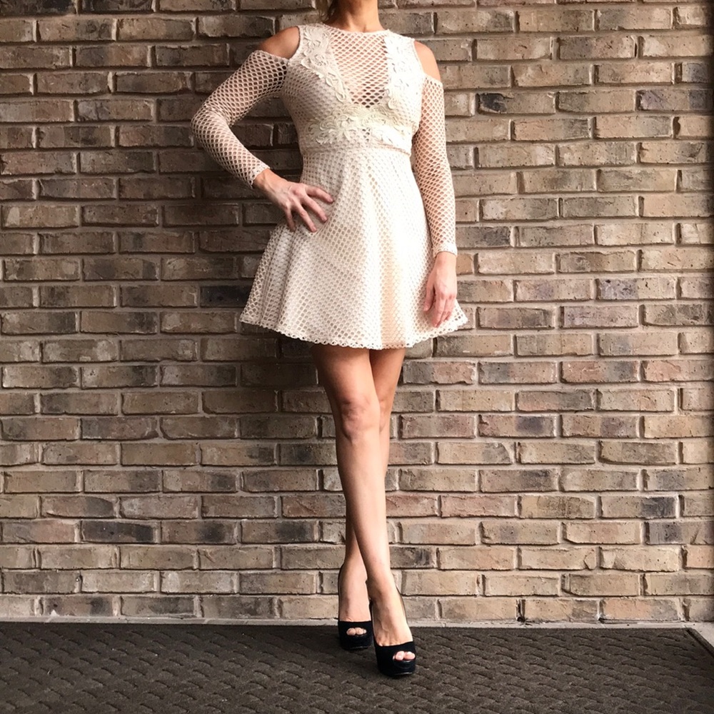 Misguided Nude Cold Shoulder Skater Dress Fishnet
